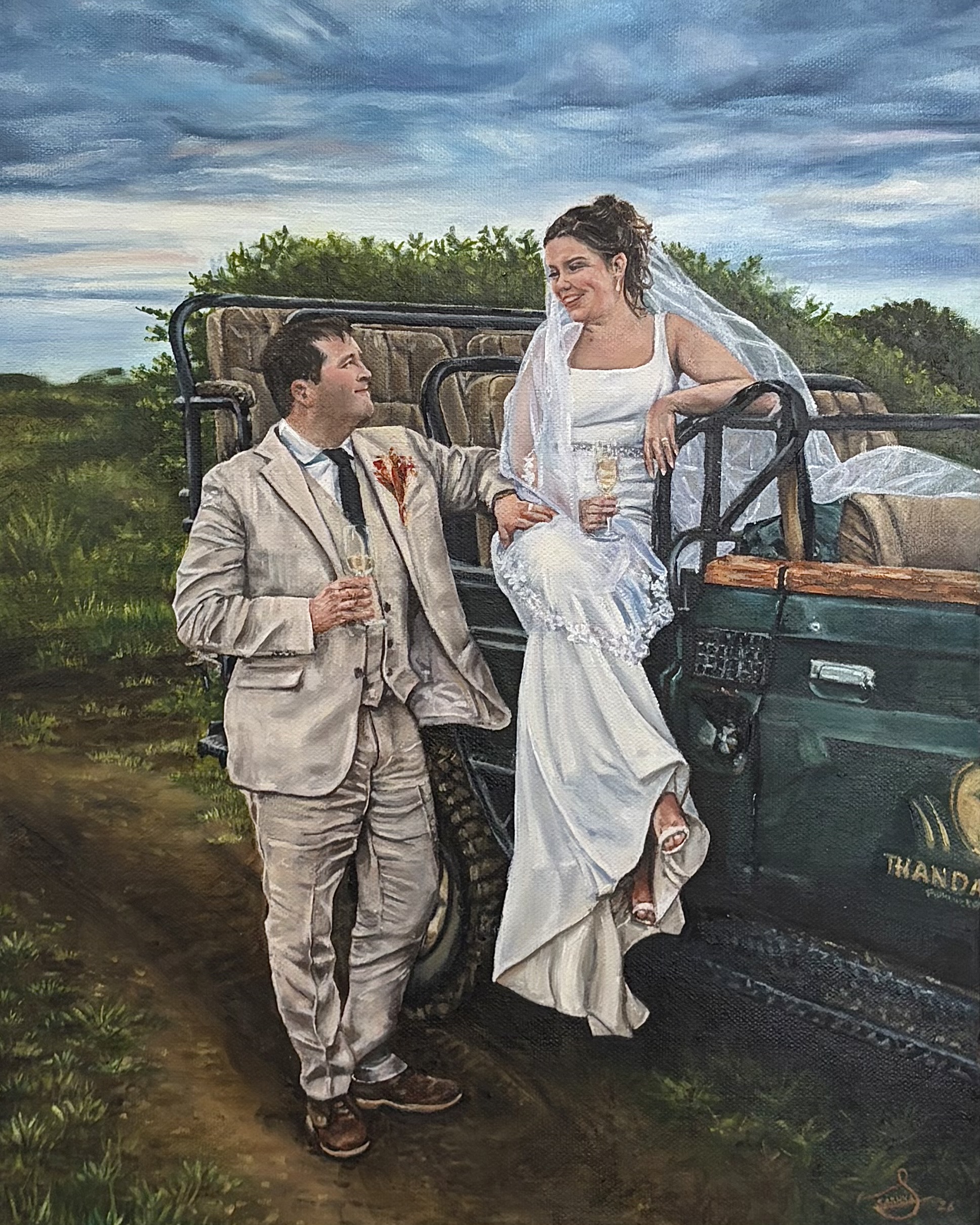 Live wedding painting of a garden ceremony with soft florals